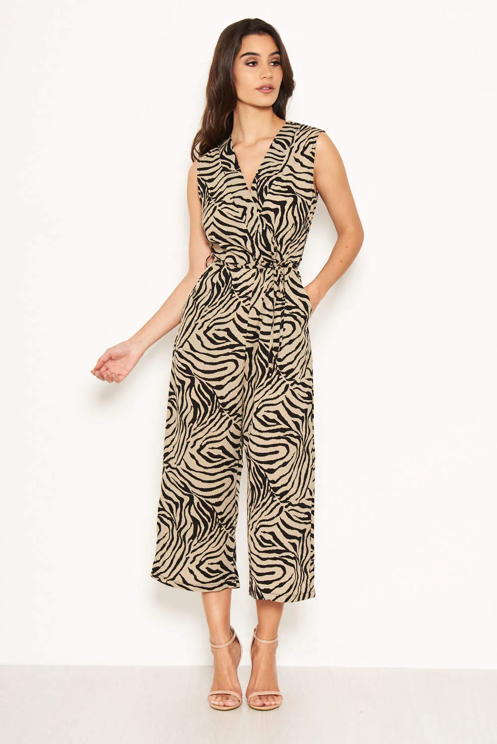 Khaki Wrap Front Animal Print Jumpsuit - Image 3