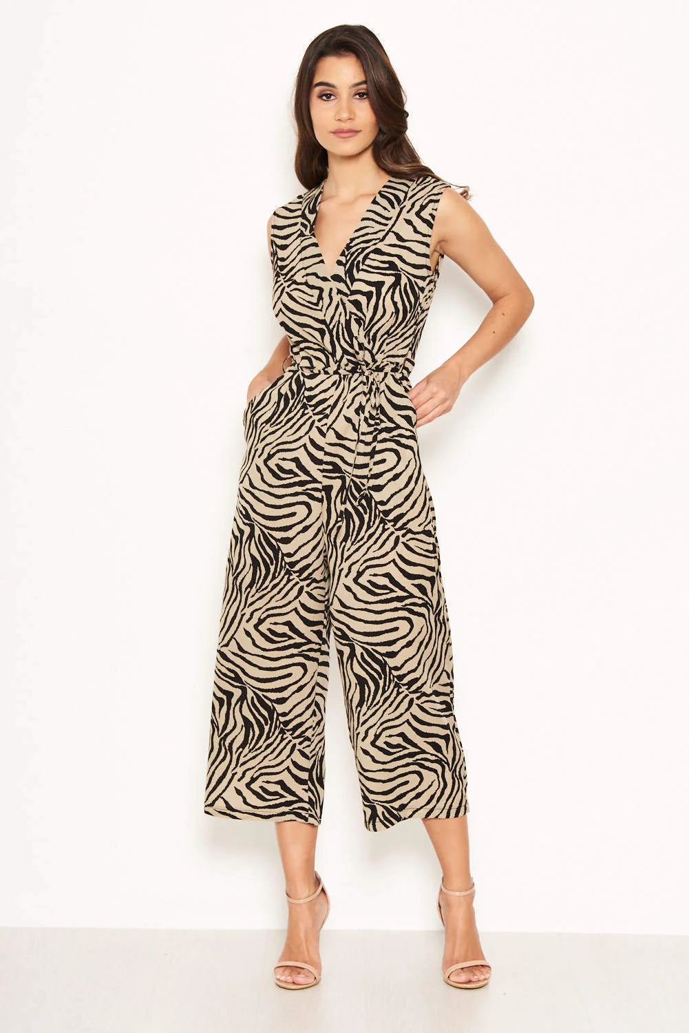 Khaki Wrap Front Animal Print Jumpsuit - Image 5