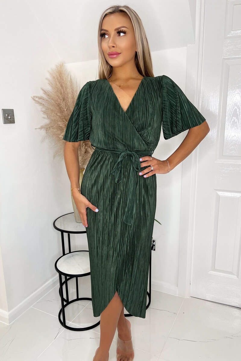 Khaki Wrap Top Belted Short Sleeve Plisse Midi Dress - Image 3