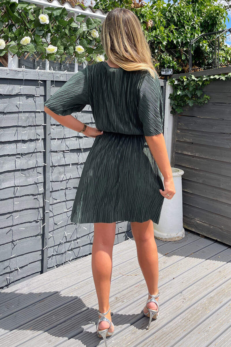 Khaki Wrap Top Belted Short Sleeve Plisse Mini Dress - Image 2