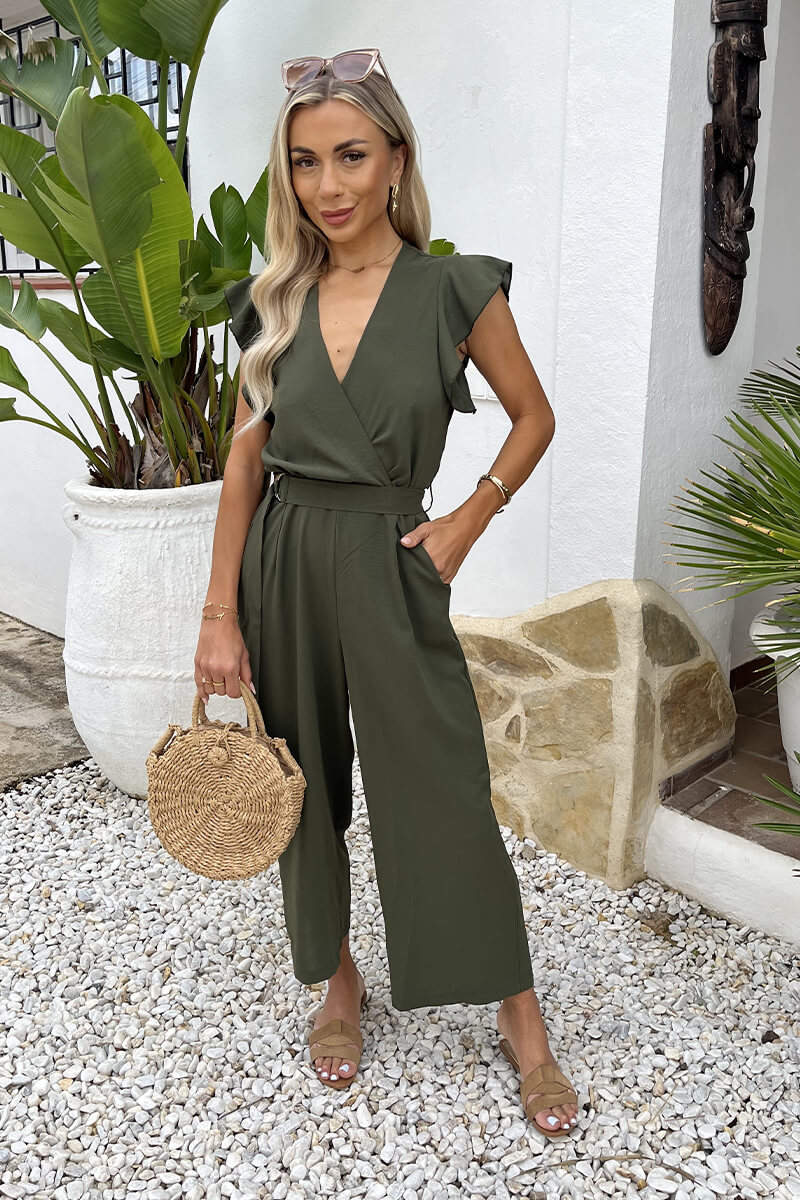 Khaki Wrap Top Flutter Sleeve Belted Jumpsuit