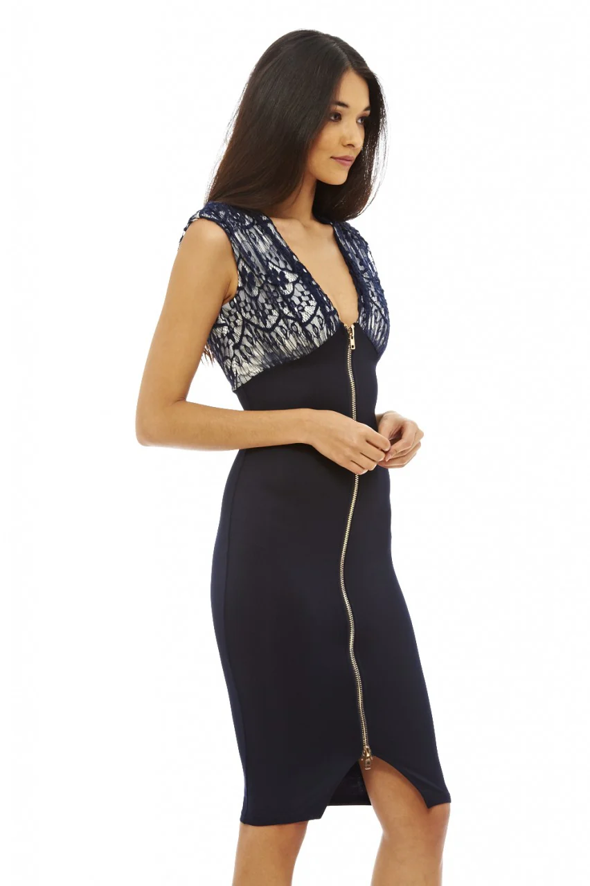 Lace Zip Front Bodycon Dress - Image 3