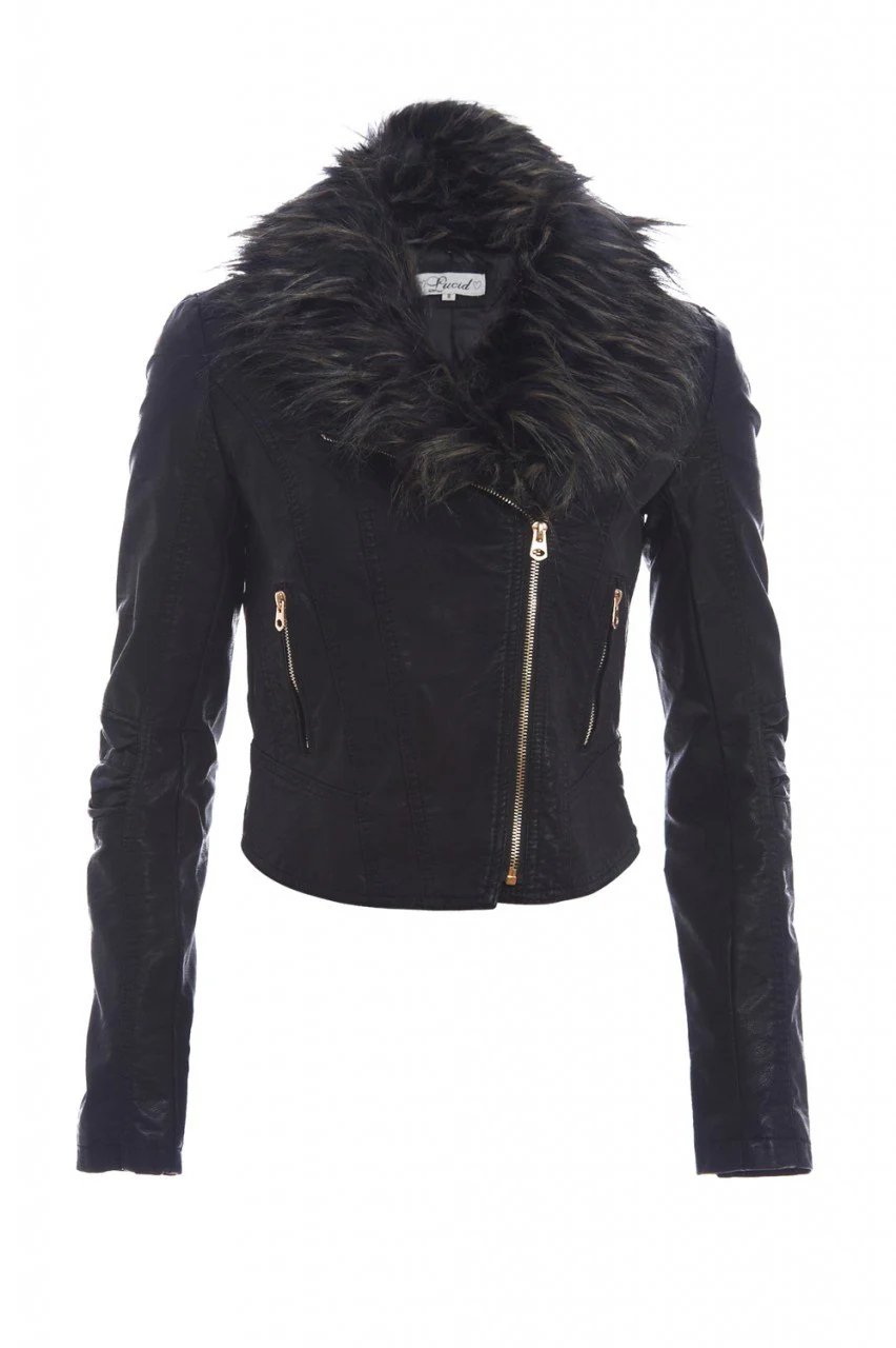 Leather Look Fur Collar Jacket - Image 5