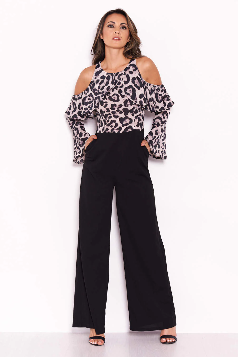 Leopard Print Cold Shoulder Jumpsuit With Ruffle Detail - Image 2
