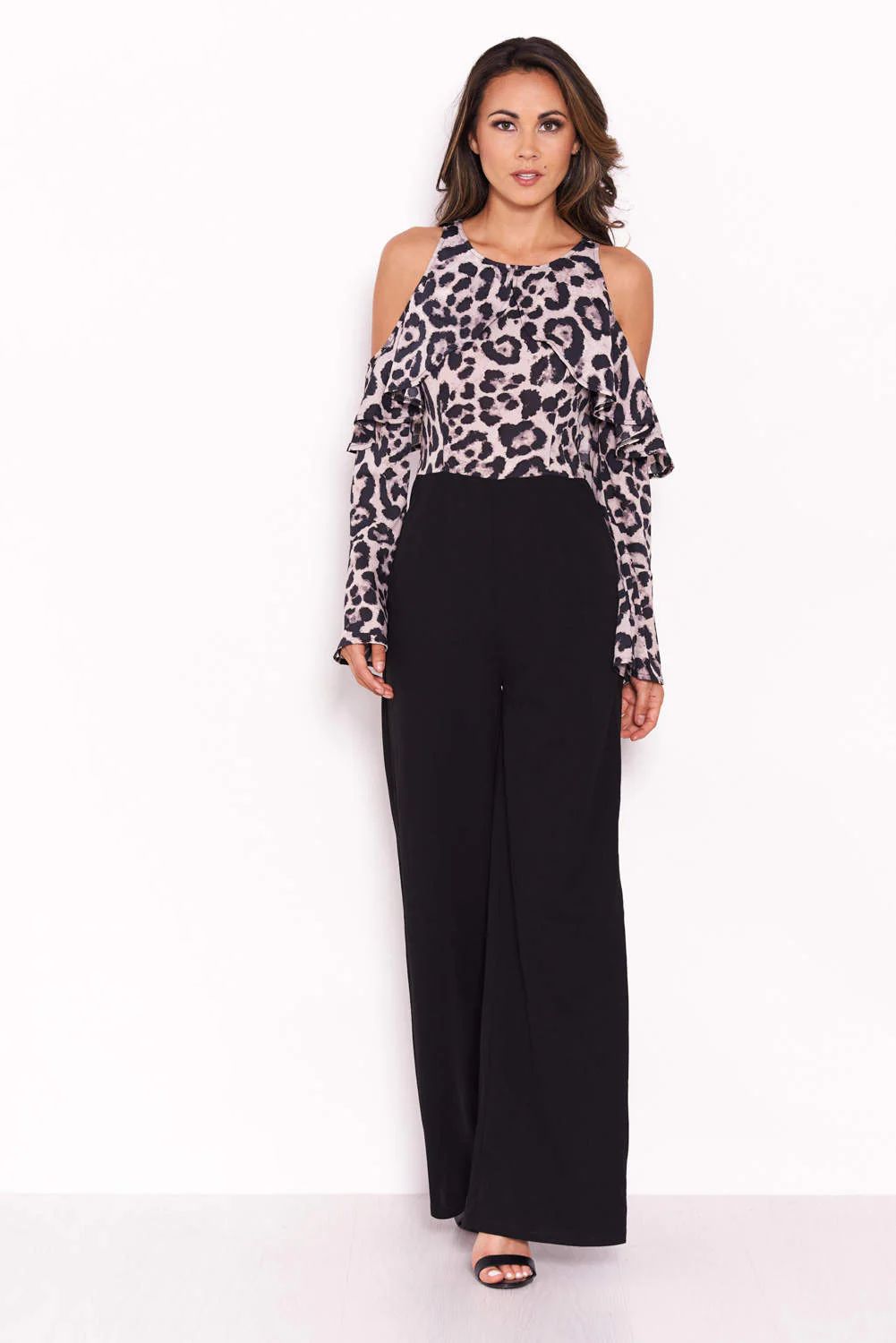 Leopard Print Cold Shoulder Jumpsuit With Ruffle Detail - Image 4