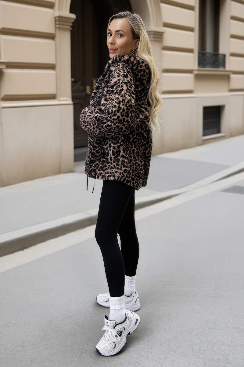 Leopard Print Drawstring Hooded Teddy Jacket - Image 4