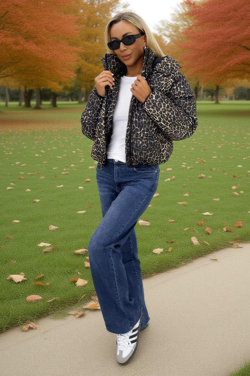 Leopard Print Hooded Short Puffer Coat - Image 2
