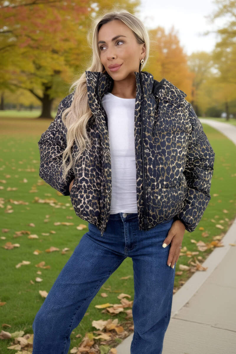 Leopard Print Hooded Short Puffer Coat - Image 3