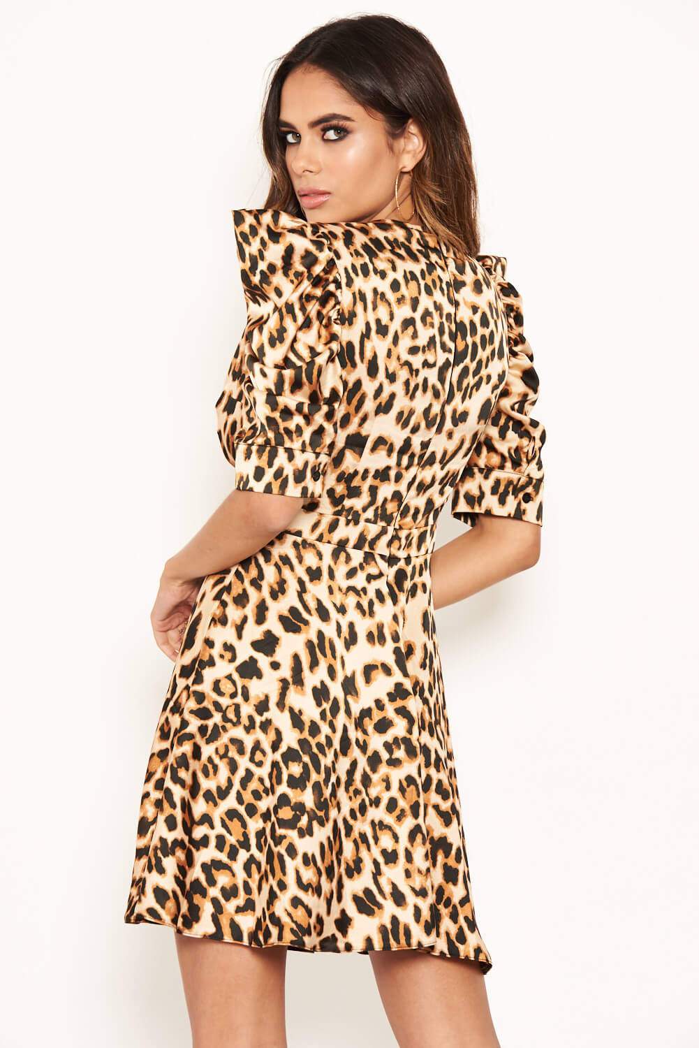 Leopard Print Wrap Over Puff Sleeve Dress - Image 5