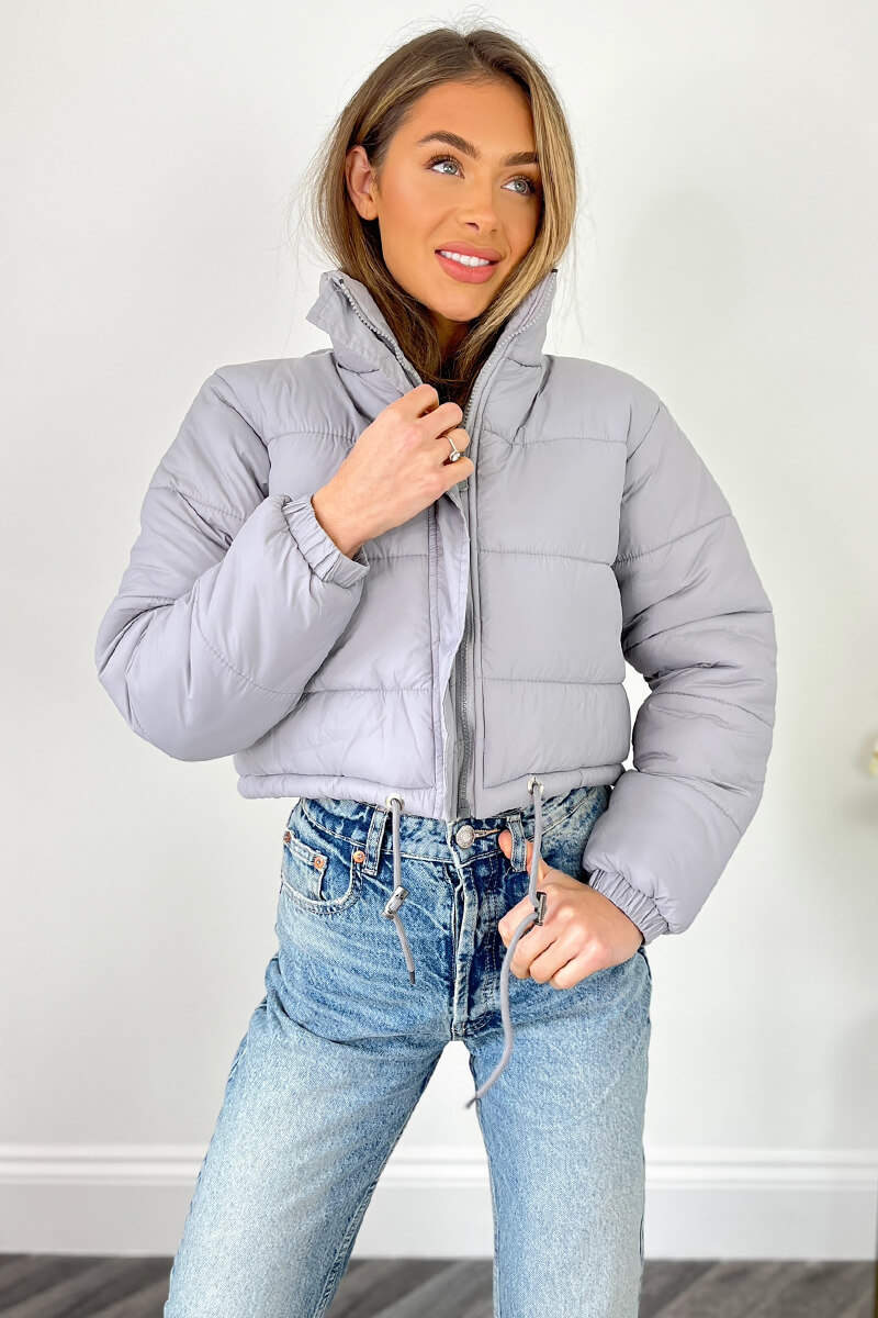 Light Grey Cropped Puffer Jacket - Image 4