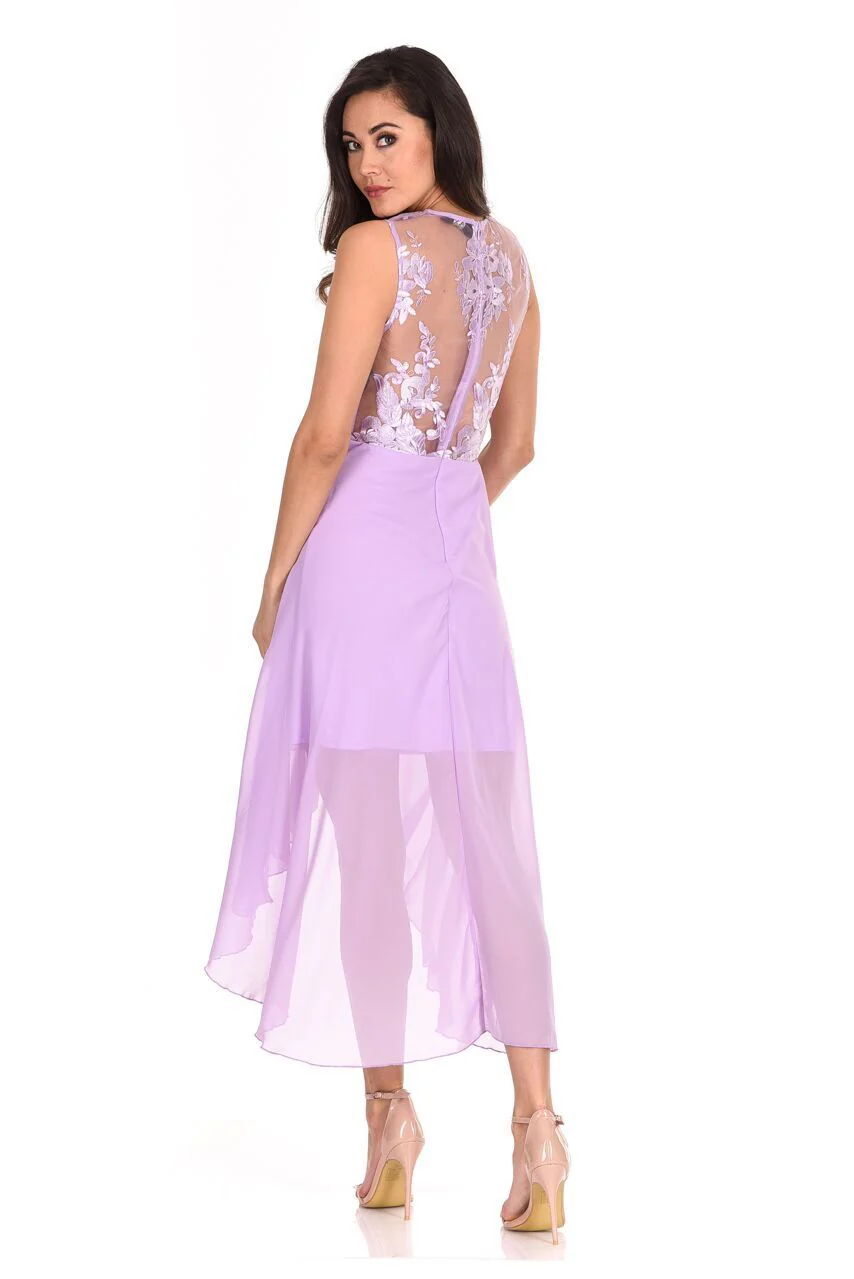 Lilac Embroidered Mesh Dipped Hem Dress - Image 2