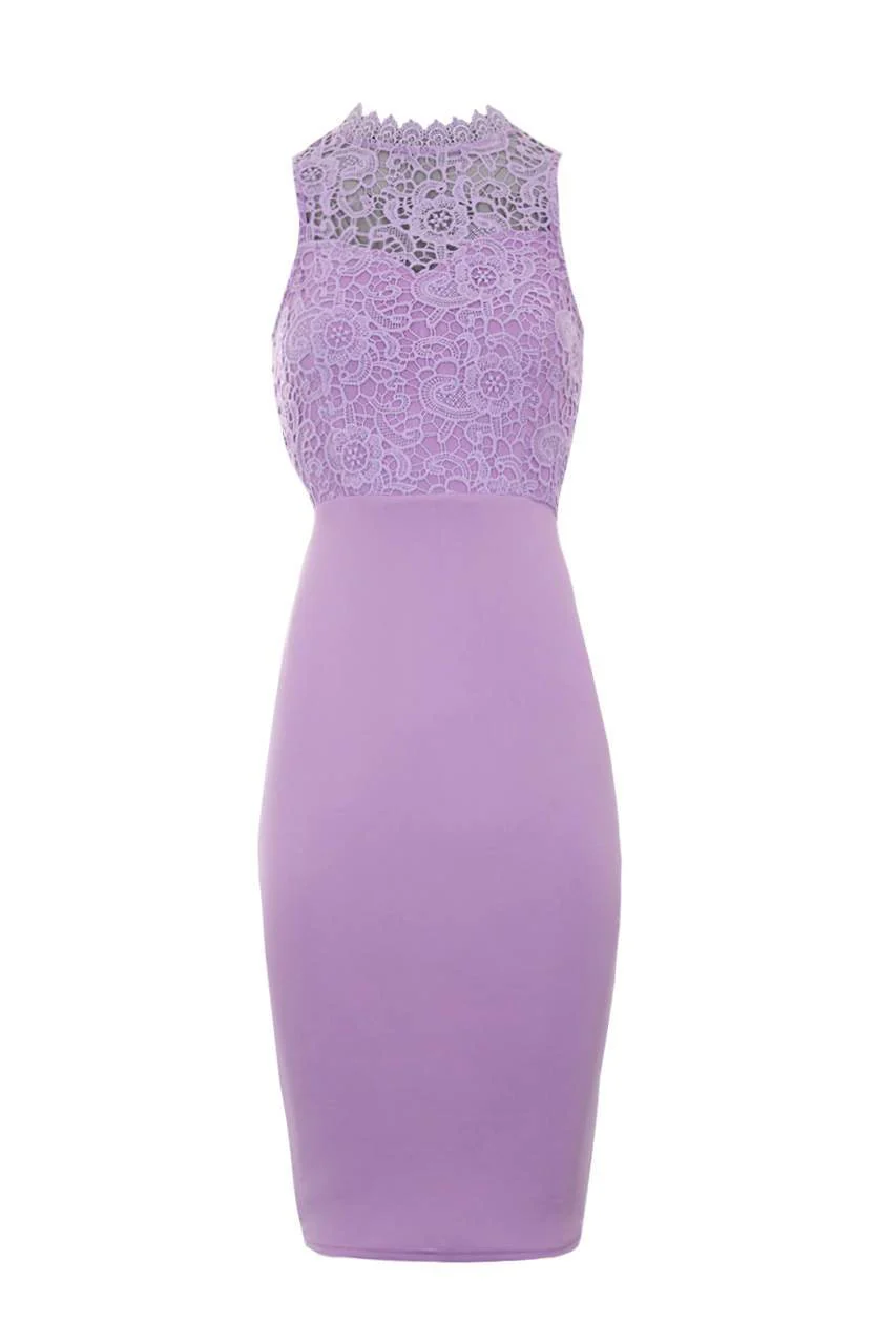 Lilac High Neck Crochet Bodycon Dress - Image 4