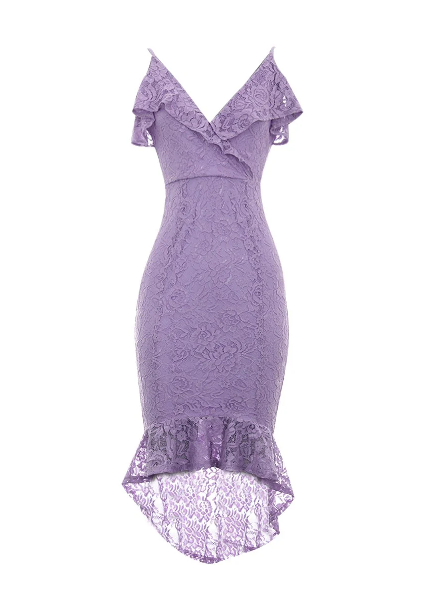 Lilac Lace Fishtail Hem Bodycon Dress - Image 4