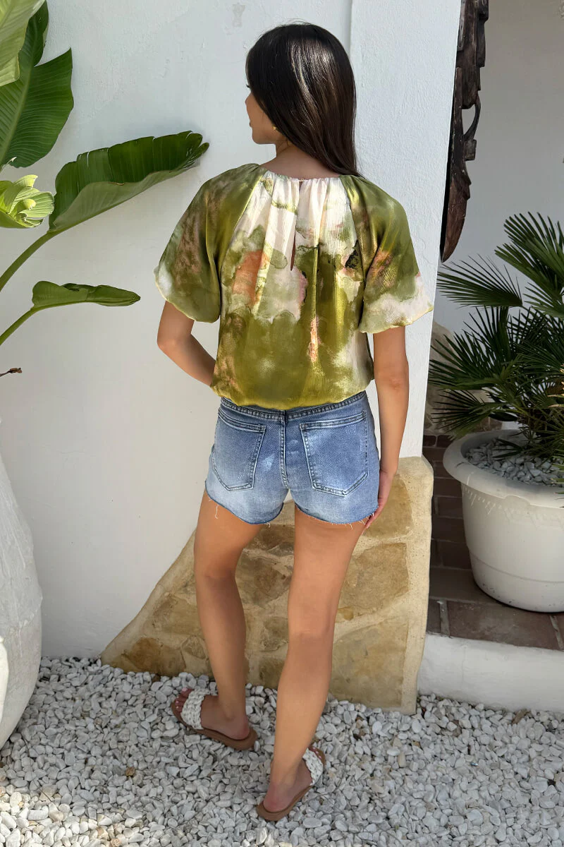 Lime Marble Print Puff Sleeve Bubble Hem Top - Image 5
