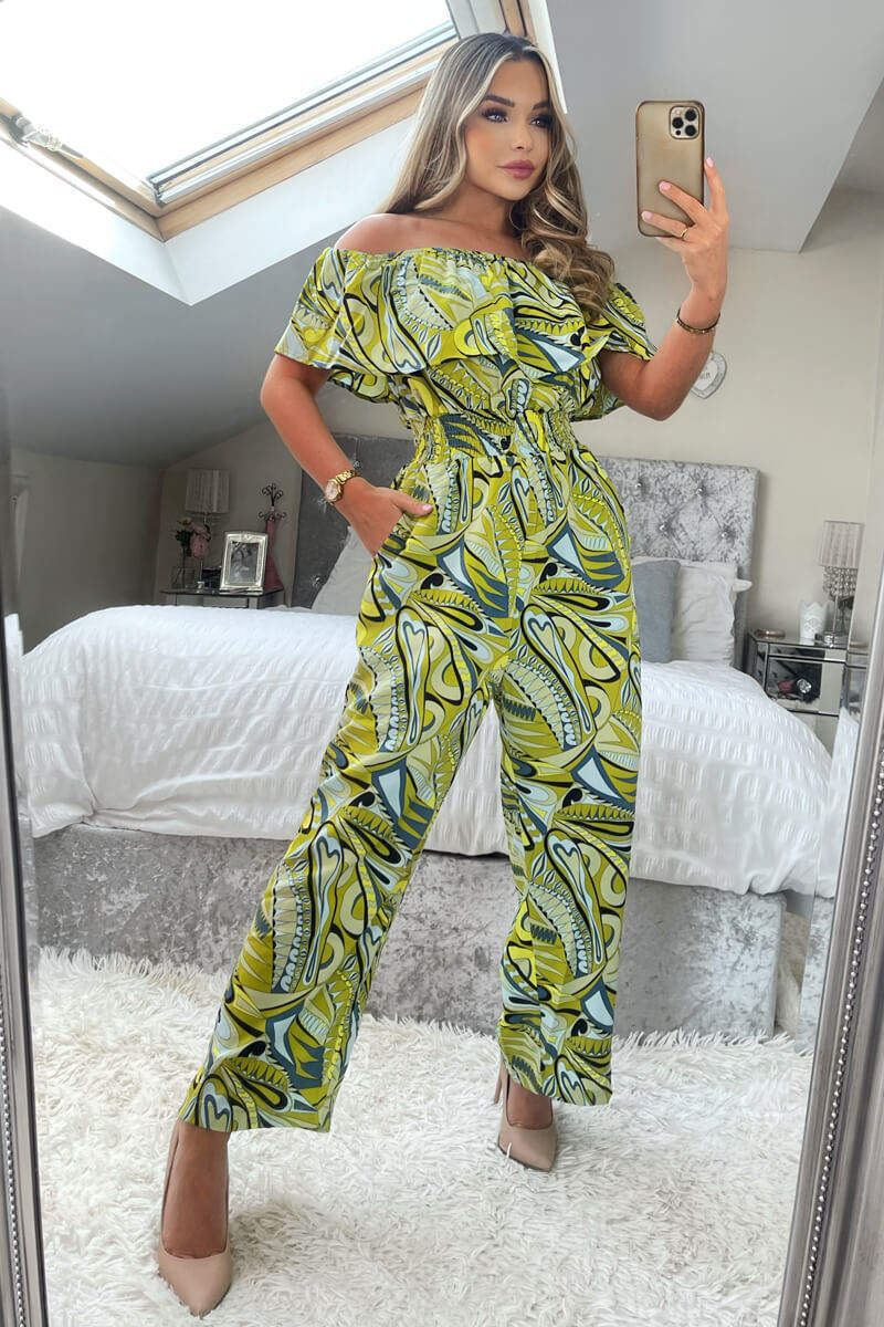 Lime Printed Bardot Culotte Jumpsuit - Image 2