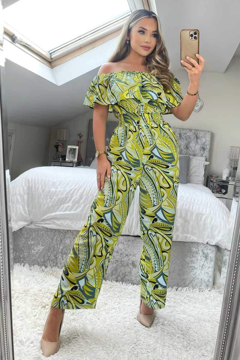 Lime Printed Bardot Culotte Jumpsuit - Image 3