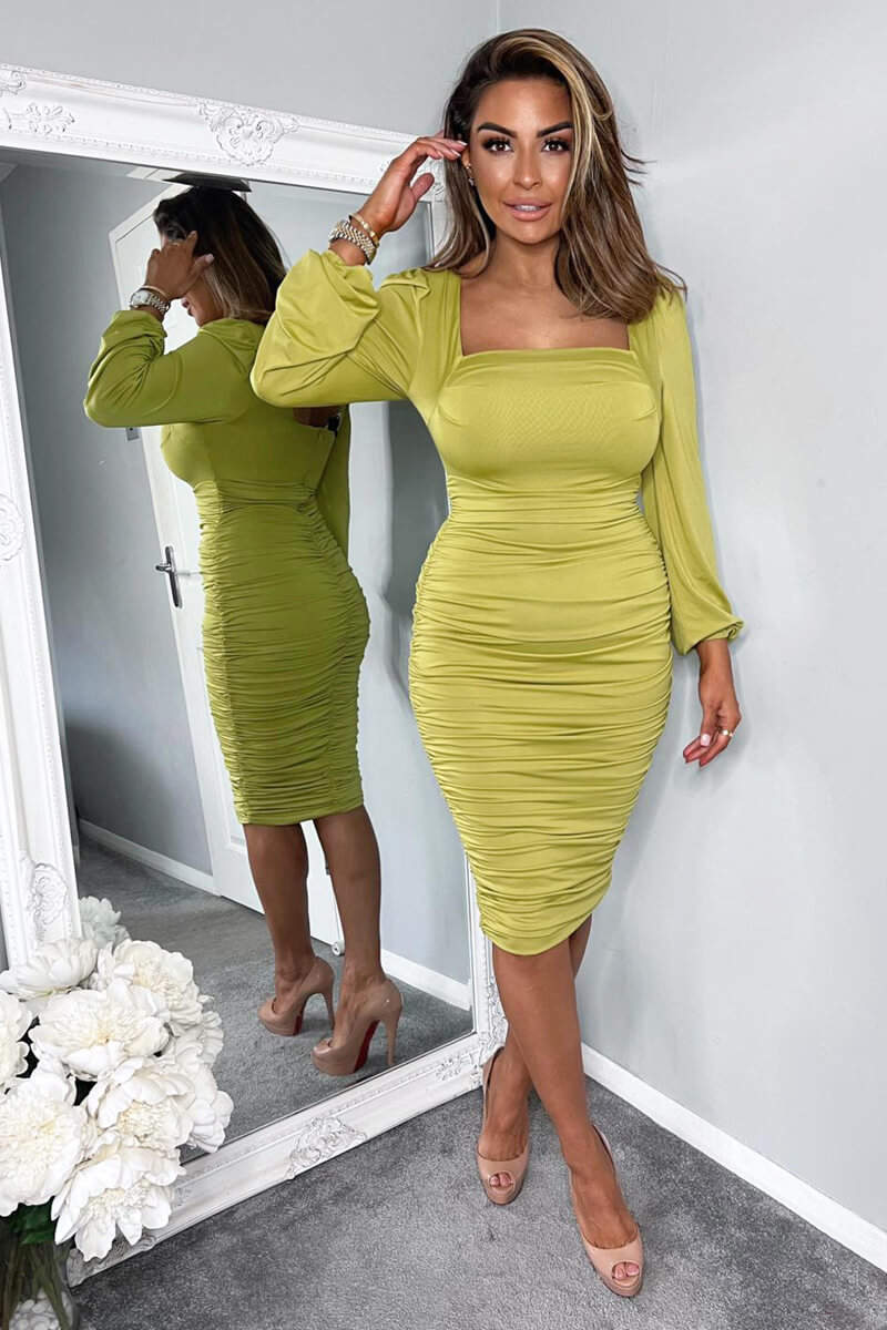 Lime Square Neck Ruched Long Sleeve Midi Dress - Image 2
