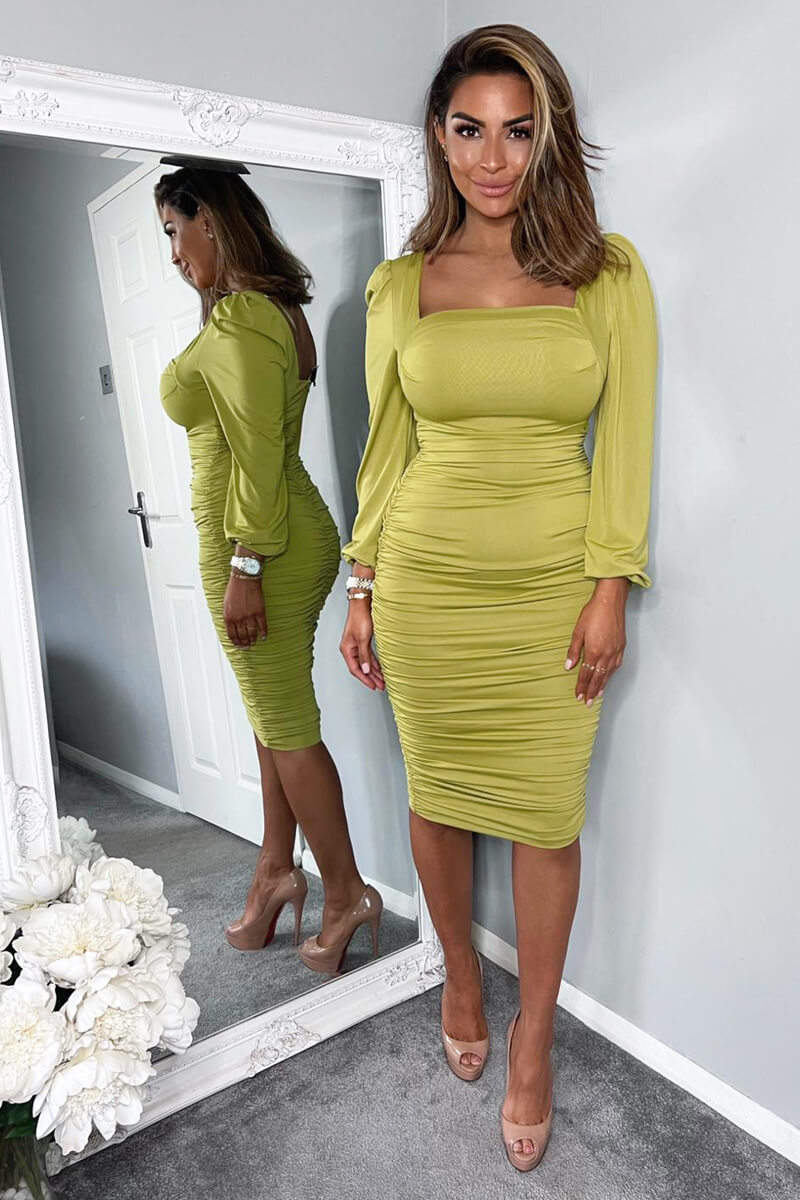 Lime Square Neck Ruched Long Sleeve Midi Dress - Image 3