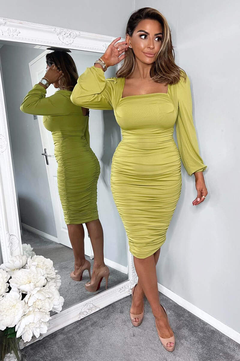 Lime Square Neck Ruched Long Sleeve Midi Dress - Image 4