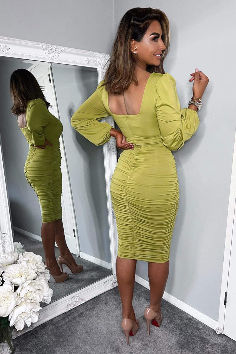 Lime Square Neck Ruched Long Sleeve Midi Dress - Image 5