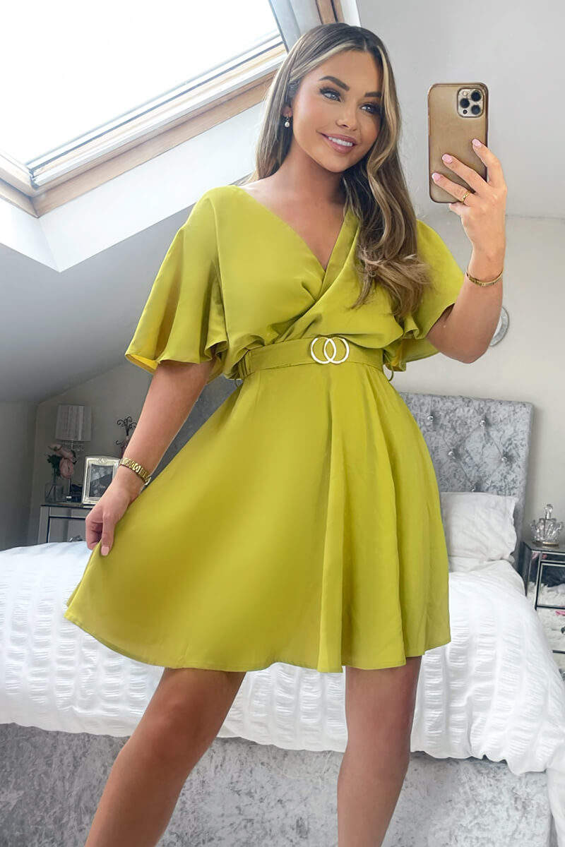 Lime Wrap Over Belted Skater Dress With Short Sleeves - Image 2