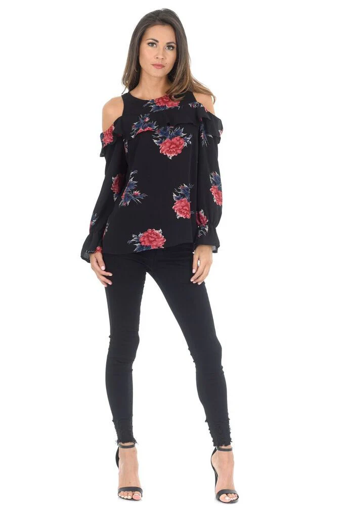 Long Sleeve Black Cold Shoulder Floral Top - Image 2