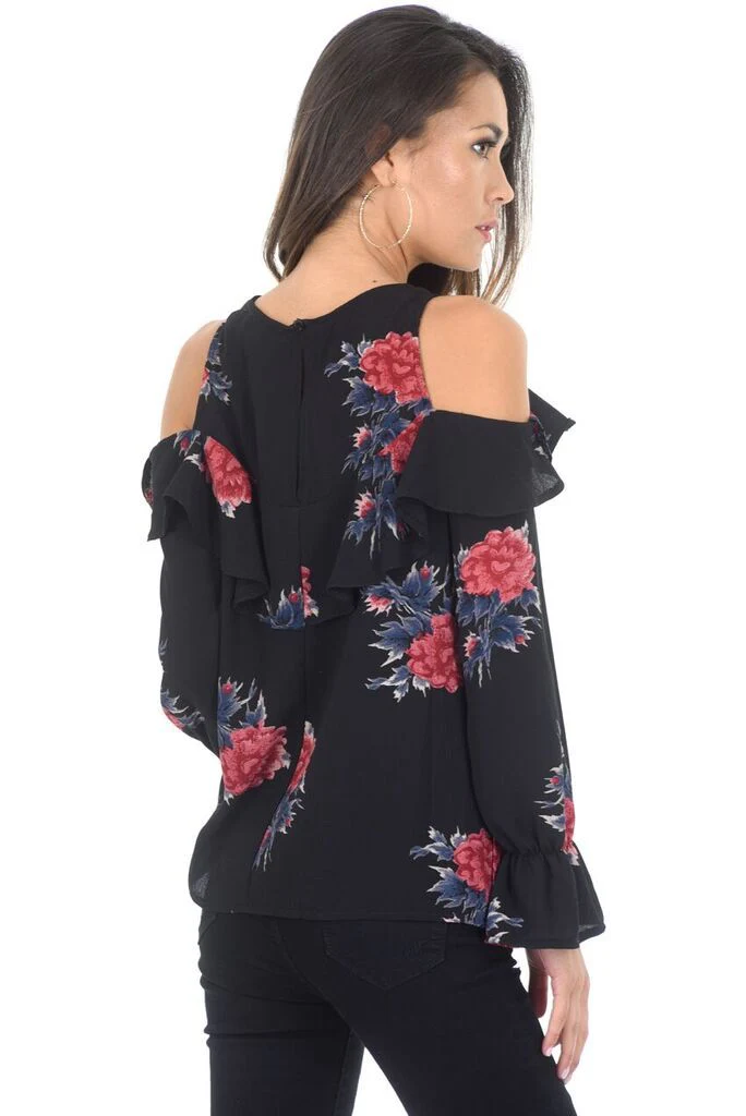Long Sleeve Black Cold Shoulder Floral Top - Image 3