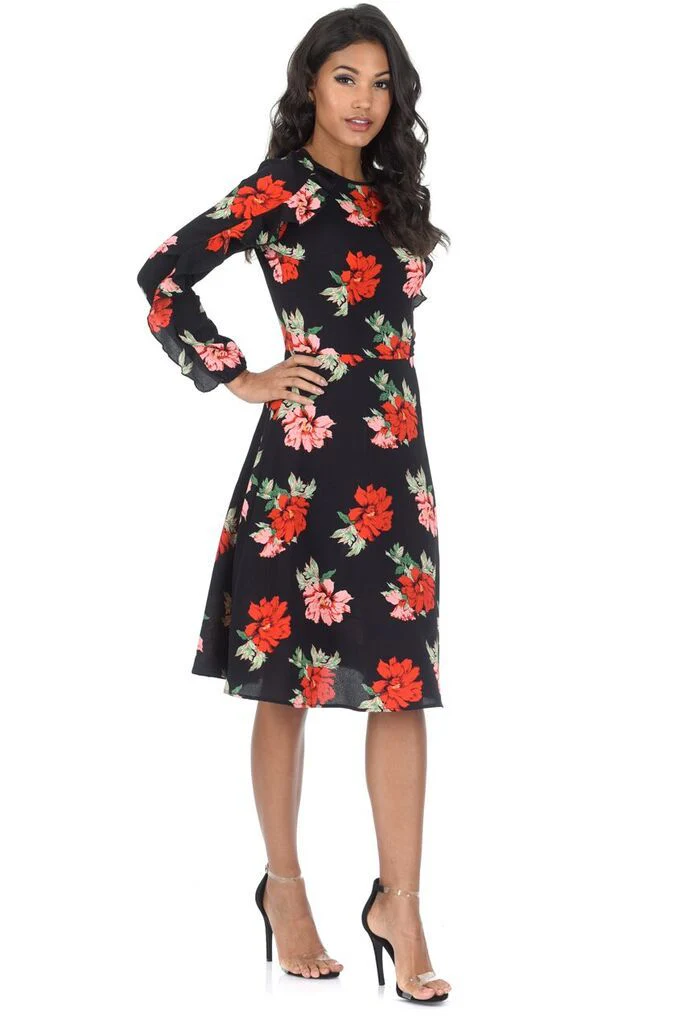 Long Sleeved Frill Black Skater Dress - Image 2
