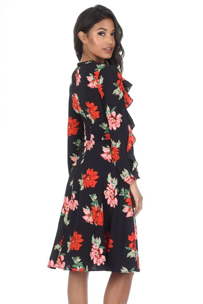 Long Sleeved Frill Black Skater Dress - Image 3