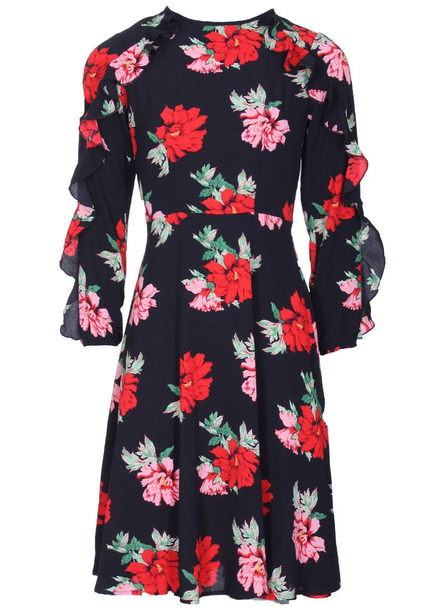 Long Sleeved Frill Black Skater Dress - Image 4