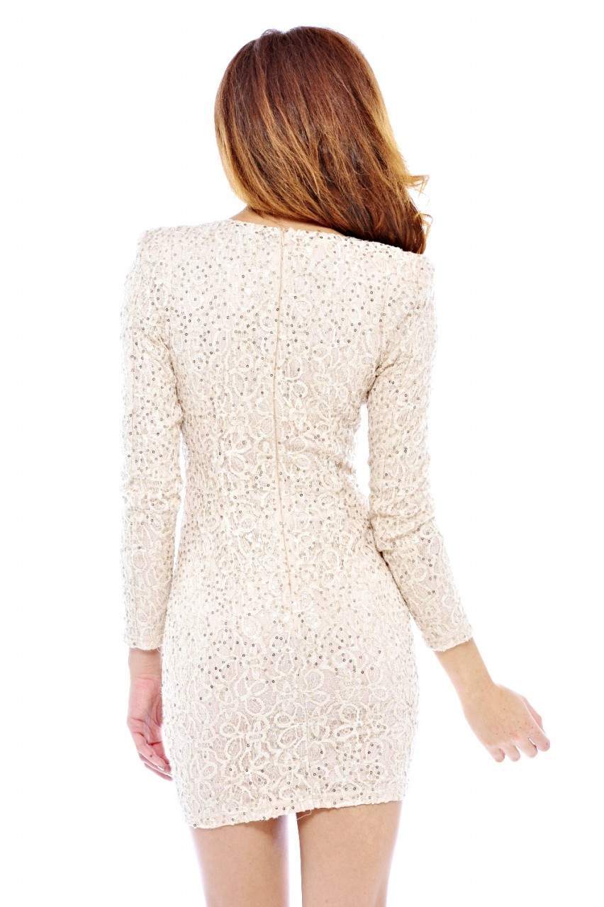 Long Textured Sequin Sleeve V Front Dress - Image 5