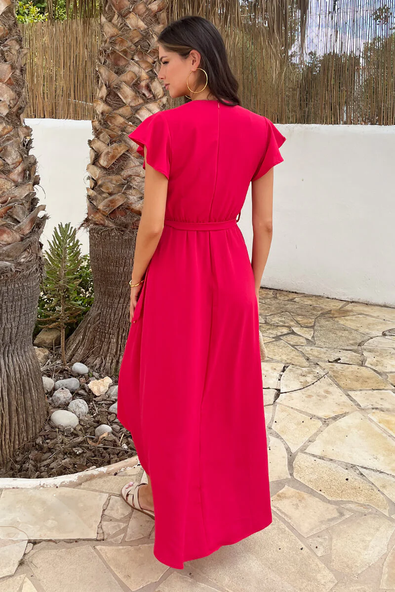 Magenta Flutter Sleeve Belted Wrap Midi Dress - Image 5