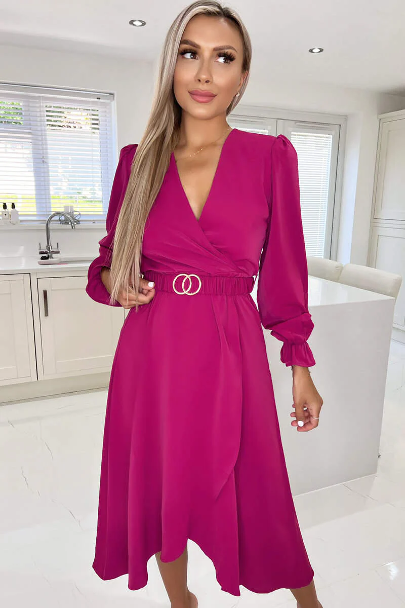 Magenta Long Sleeve Belted Midi Dress - Image 2