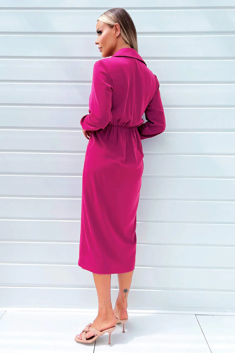 Magenta Long Sleeve Side Ruched Wrap Over Midi Dress - Image 4