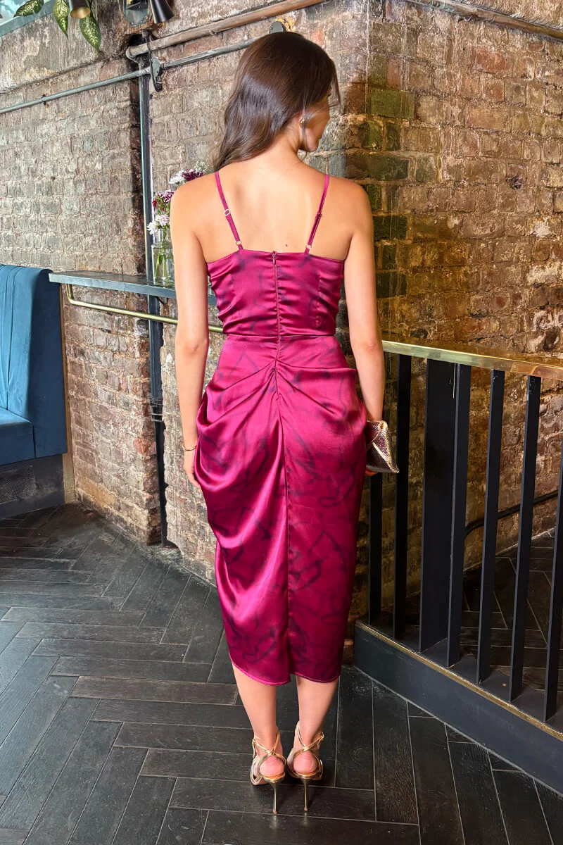 Magenta Marble Print Strappy Cowl Neck Gathered Skirt Midi Dress - Image 5