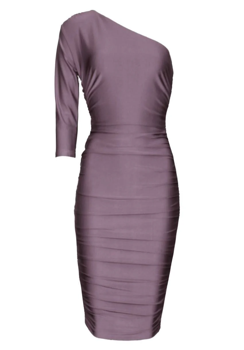 Mauve One Sleeve Slinky Midi Dress With Ruched Detail - Image 4