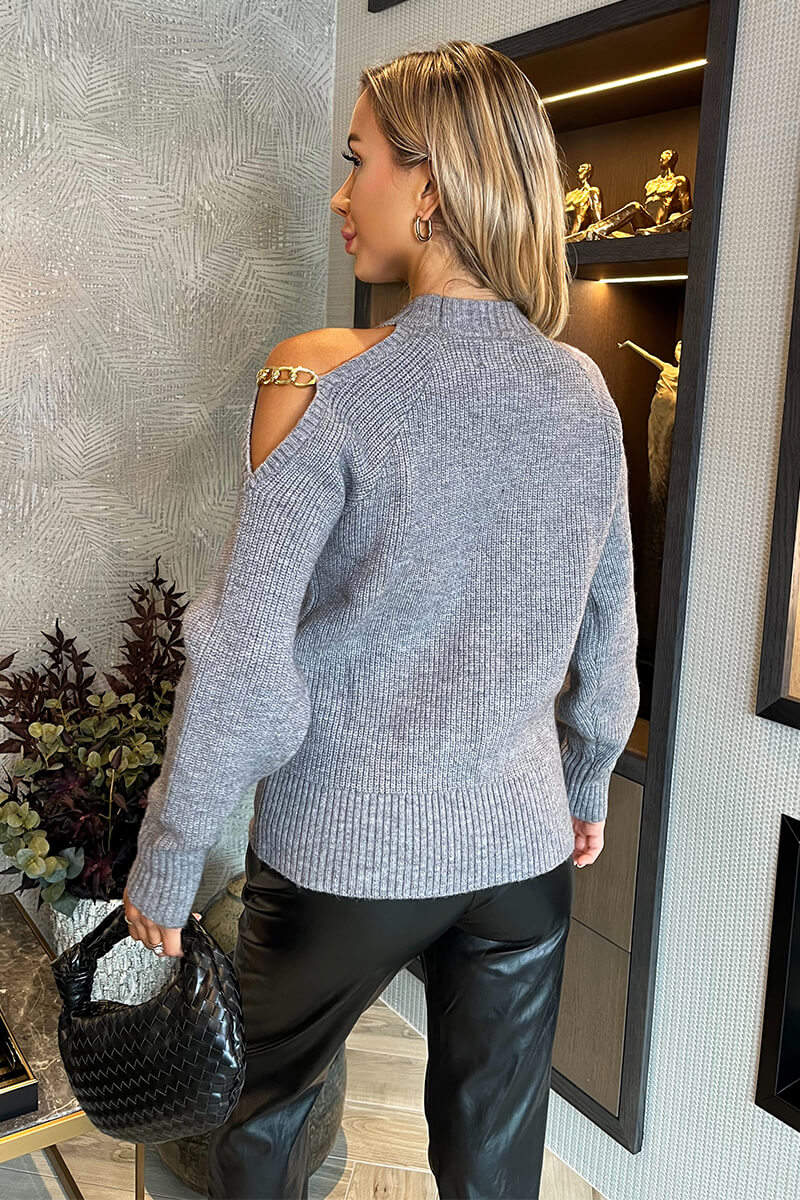Mid- Grey Cut Out Shoulder Chain Detail Knit Jumper - Image 2