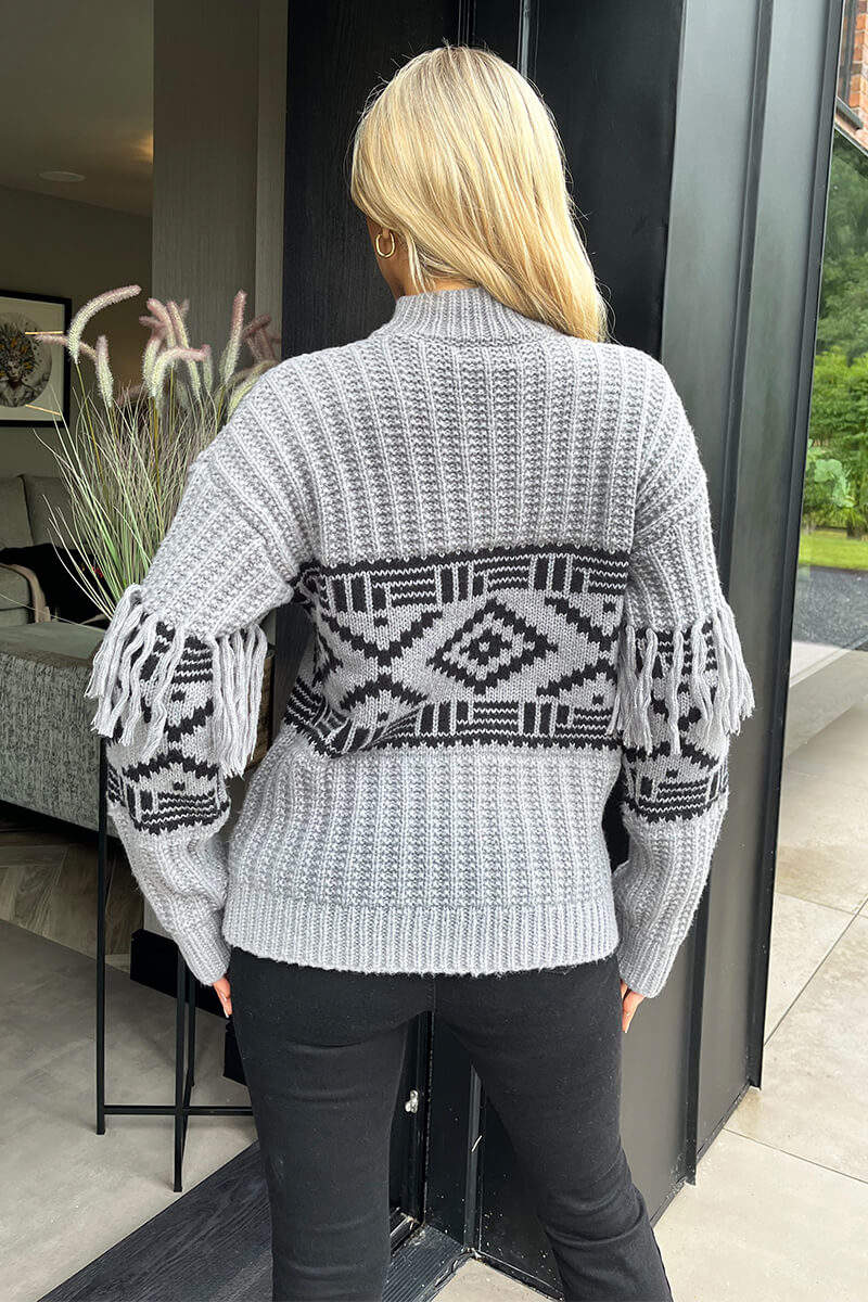 Mid Grey Fairisle Fringe Sleeve Detail Knitted Jumper - Image 5