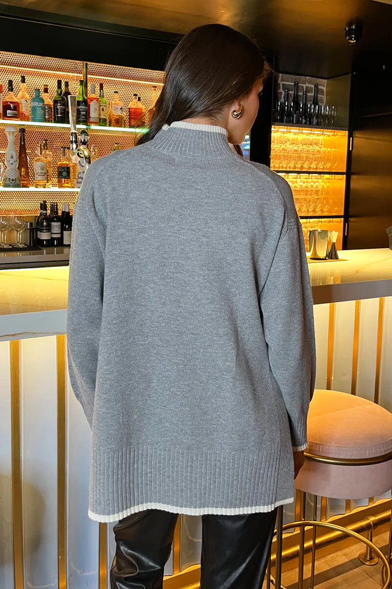 Mid Grey Mock Neck Side Split Contrast Hem Knitted Jumper - Image 4