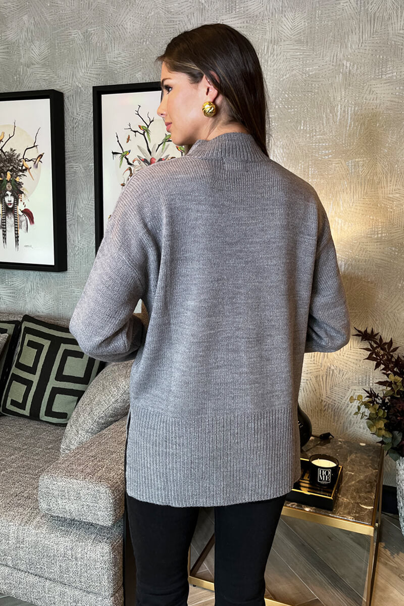 Mid-Grey Shoulder Button Detail Knit Jumper - Image 4