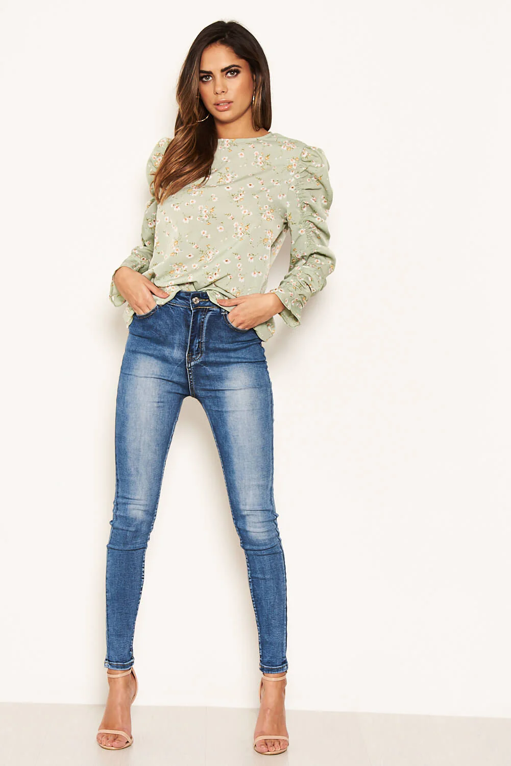 Mint Floral Puffed Ruched Long Sleeve Top - Image 2