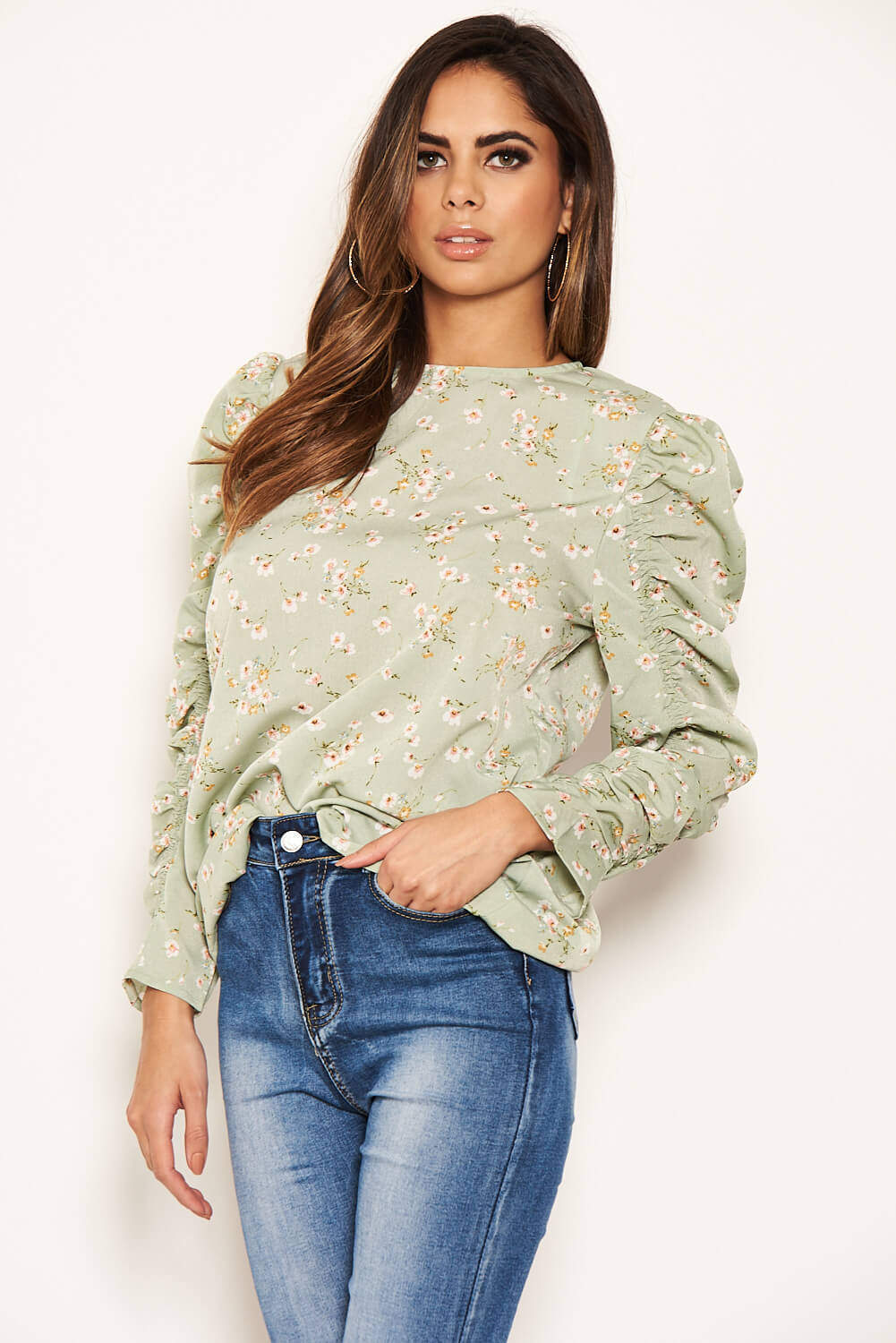 Mint Floral Puffed Ruched Long Sleeve Top - Image 3