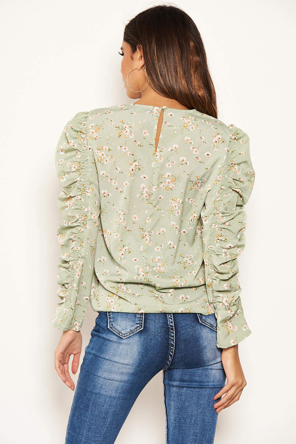 Mint Floral Puffed Ruched Long Sleeve Top - Image 5