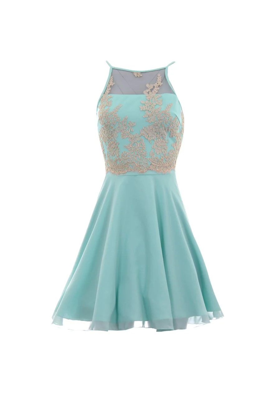 Mint Green Mesh Gold Embroidered Skater Dress - Image 4