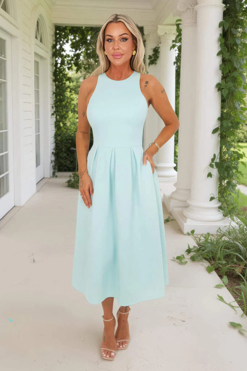 Mint Racer Neck Pleated Skirt Midi Dress
