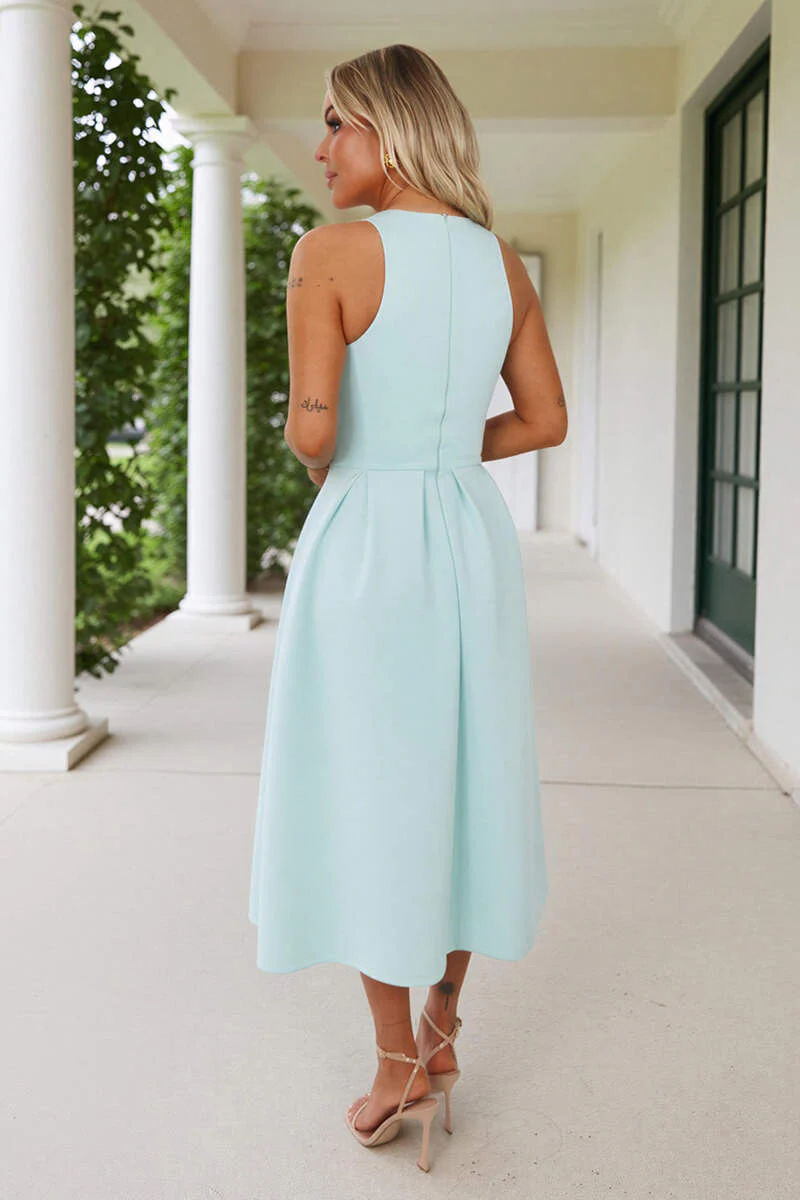 Mint Racer Neck Pleated Skirt Midi Dress - Image 4