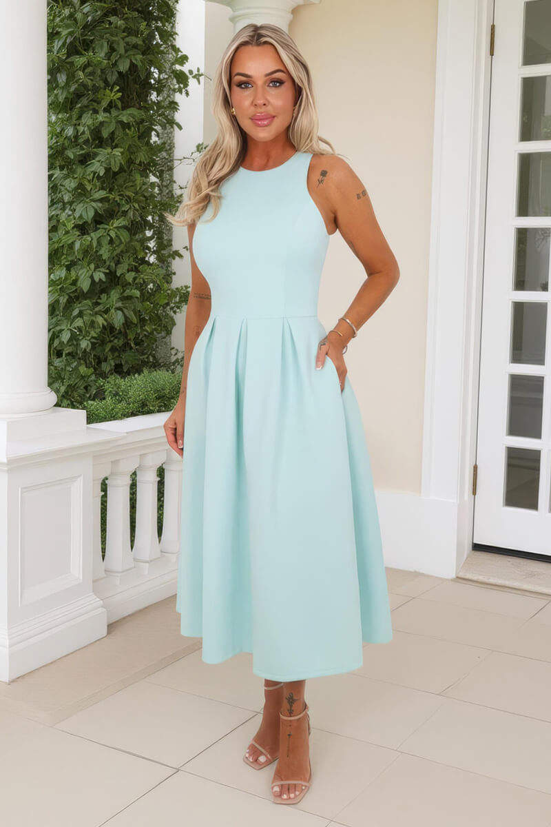 Mint Racer Neck Pleated Skirt Midi Dress - Image 5