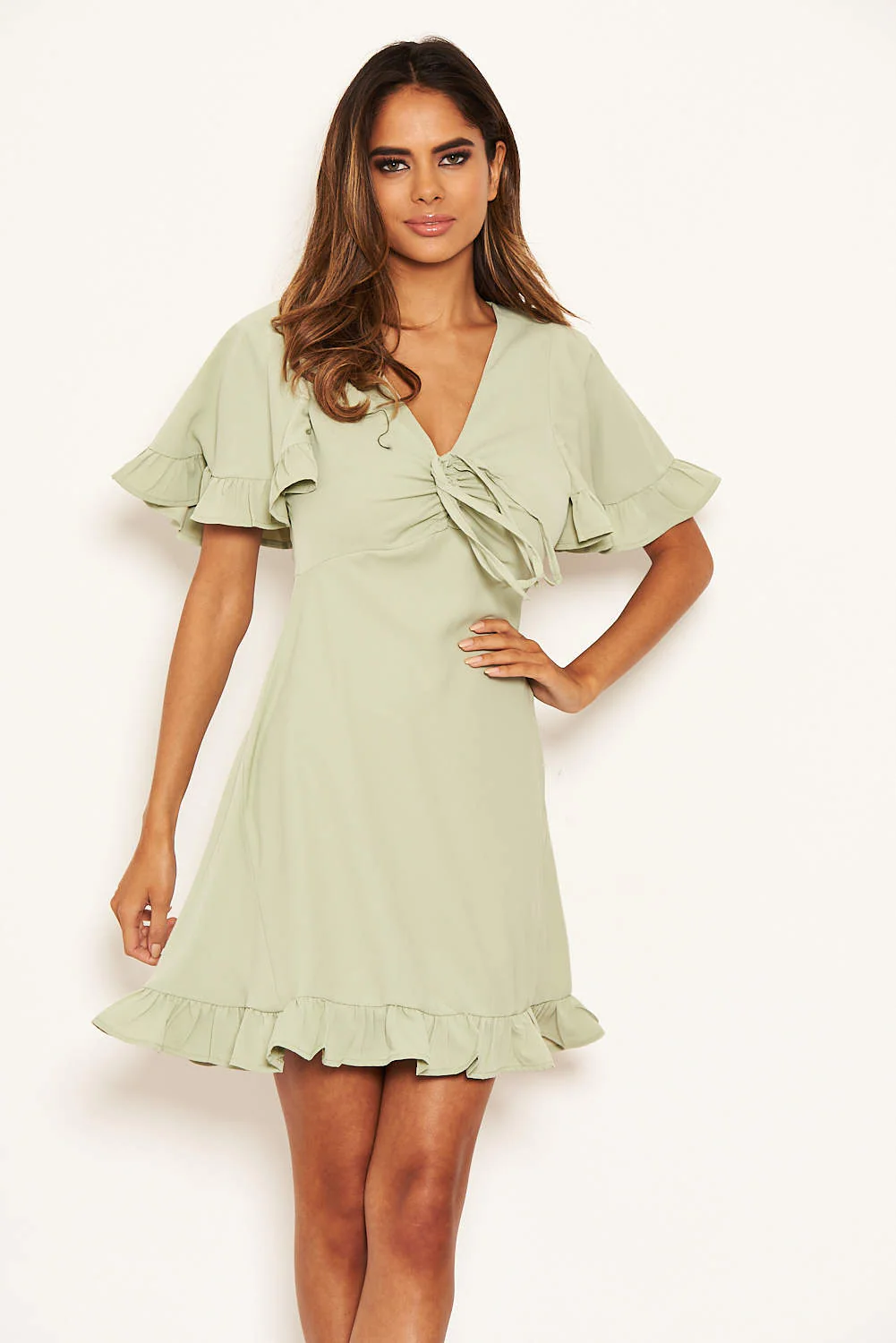 Mint Ruched Front Frill Swing Dress - Image 4