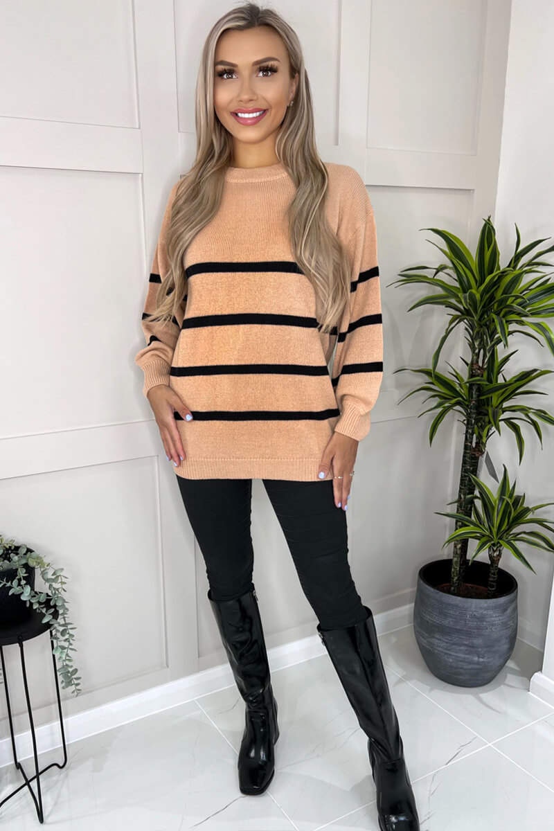 Mocha And Black Striped Print Long Sleeve Round Neck Knitted Jumper - Image 2