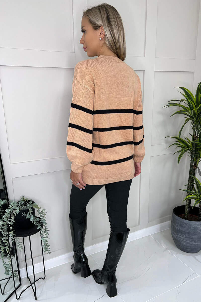 Mocha And Black Striped Print Long Sleeve Round Neck Knitted Jumper - Image 4